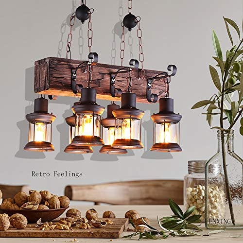 ENXING Holz Pendelleuchte Vintage Hängeleuchte Esstisch Esszimmer Pendellampe Industrial Metal Hängelampe Retro Deckenleuchte Bambus Rustikale Landhaus Leuchte Schlafzimmer Wohnzimmer (6 heads)