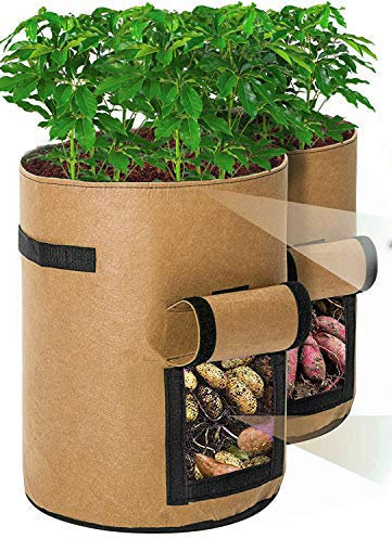 Cefrank Pflanzen Tasche, 2er Kartoffel Pflanzsack Pflanzbeutel 10 Gallonen mit Griffen und Sichtfenster Klettverschluss - 30 x 40cm (Braun)