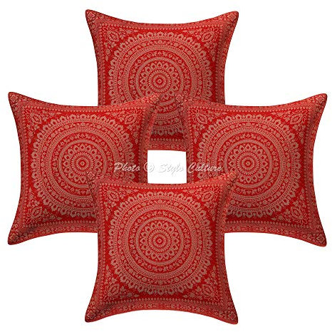 Stylo Culture Bohemien Dekorativ Brokat Seide Couch Kissenbezüge 40x40 cm Rot Dekokissen Jacquard Schlafzimmer Sofa Kissen Bezüge Mandala Quadrat Reißverschluss 16x16 Inch Kissenhullen - 4 STK.