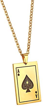 Cupimatch Mens Stainless Steel Ace of Spades Queen Heart Poker Playing Card Pendant Necklace 22 Inch Chain Gold for Fathers Day