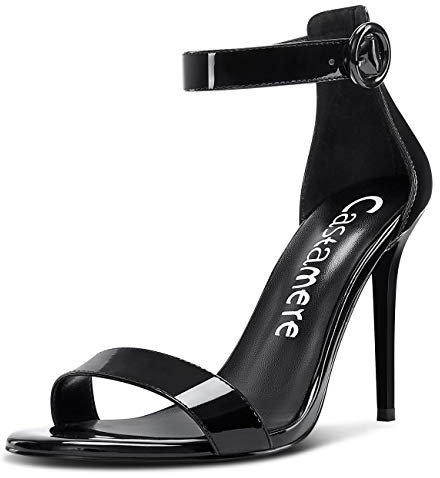 Castamere Escarpins Femme Bout Ouvert Sandales Bride Cheville Aiguille Talon 10CM Noir Vernis Chaussures EU 37.5