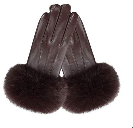 Pexuya Damen Winter Touchscreen Schaffell LederHandschuhe mit Kaninchenfell S77(Braun, S)