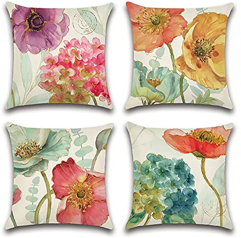Artscope wasserdichte Kissenbezugen, 4er Set Kissenhülle Atmungsaktiv Kissen Fall für Outdoor Balkon Terrasse Patio Garten Bauernhaus Dekor 45x45CM (Hortensie und Lotus)