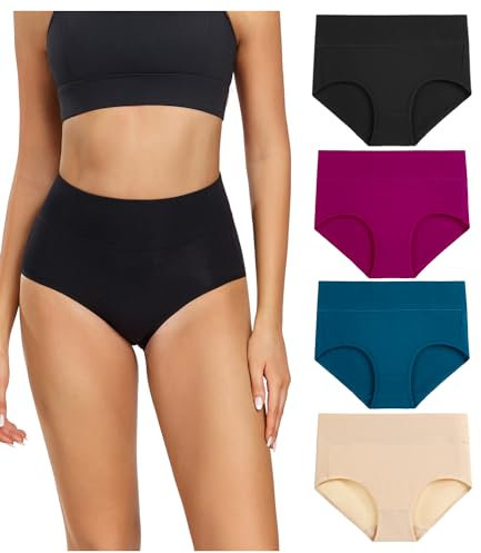 wirarpa Unterhosen Damen Baumwolle Frauen Unterwäsche Hohe Taille Slips Hoher Taillenslip 4er Pack Schwarz Tiefrot Teal Beige Größe XX-Large (50/52/54)