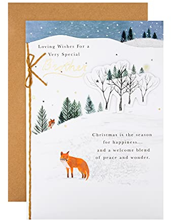 Hallmark Weihnachtskarte, Bruder Weihnachtskarte, Füchse & Wald, mit Goldfolien-Details, blau