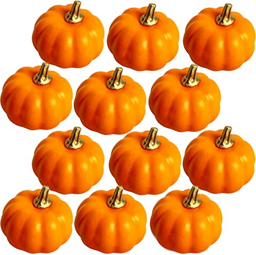 12 Decoracion Halloween Otoño Calabaza Artificial,Mini Naranja Calabaza Decoracion de Mesa con Espuma,Decorar Interior y Exterior,para Navidad, Acción de Gracias,Fiesta,Cumpleaños,Cosecha de Otoño