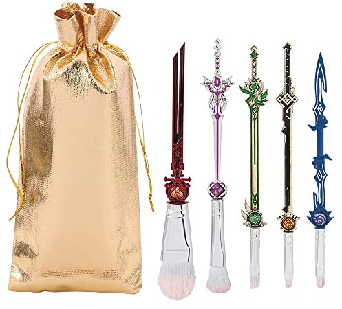 NC ZHUYAO 5 Stück The end of The Wolf Make-up Pinsel Set mit Beutel, Anime Kollektion für Foundation Blush Lidschatten Gesicht Concealer Eyeliner Kontur Puder Liquid Eye,Pinsels mit rosa Beutel
