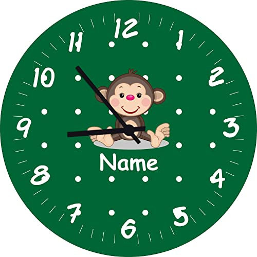 ShirtInStyle Kinderzimmeruhr mit Tiermotiv AFFE mit Wunschnamen Geschenk Uhr Kinder Handmade Wanduhr Wunschtext Name, 20cm, Dunkelgreen