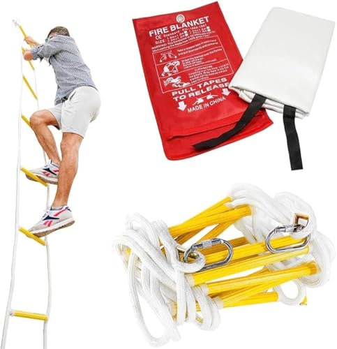 Emergency Escape Ladder 3 Story 25ft (8m) + Fireproof Blanket 120 * 180 cm for Home/Life Saving Equipment for Family/Fire Ladder Set