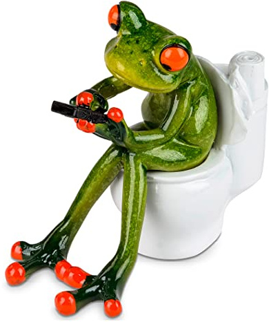 itsisa Dekofigur Frosch auf Toilette mit Handy 11x13 cm - Deko für Badezimmer, WC Frösche, lustige Dekoration Smartphone