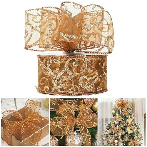 AIMUDI Copper Christmas Ribbon Wired 2.5 Inch Bronze Swirl Organza Wired Ribbon for Wreaths Copper Ribbon for Christmas Tree, Gift Wrapping, Garland, Holiday Crafts, Topper Bows - 25 Yards