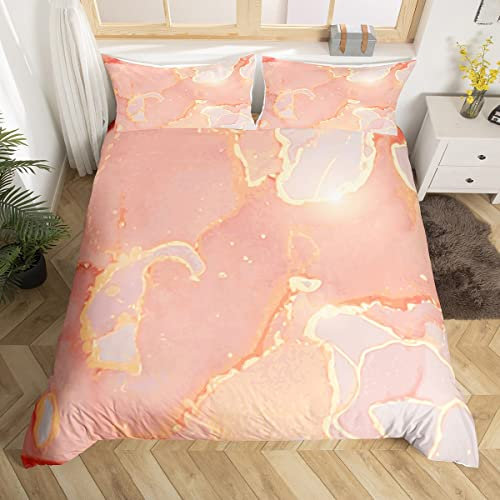 Marble Duvet Cover Set King Size, Rose Peach Marbling Bedding Set 3pcs for Kids Boys Girls Bedroom Decor, Abstract Stone Texture Comforter Cover Soft Polyester Quilt Cover with 2 Pillowcases