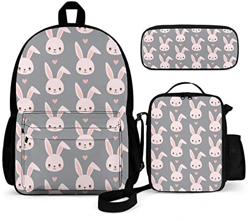 FJAUOQ Kinderrucksäcke Cute Bunny Pattern Kids Backpack Set 3 Piece Back To School 16 Inch Book Bag with Lunch Bag Pencil Case For Boys Girls 1-6th Grade