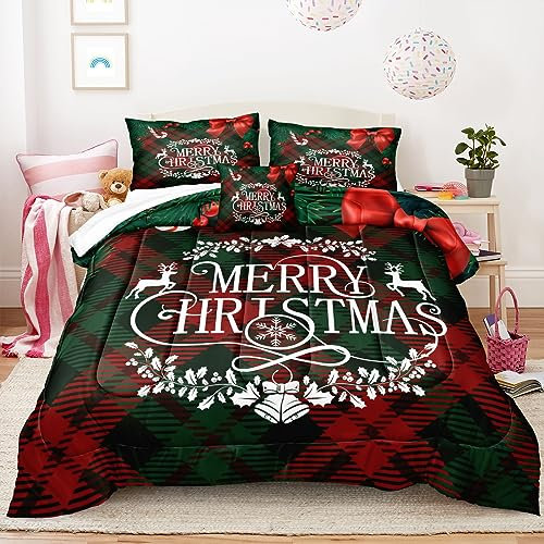 Bedbay Weihnachts-Bettwäsche-Set, Queen-Size-Bettwäsche-Set, Weihnachtsschleife, Büffel, kariert, 4-teilig, Weihnachts-Bettwäsche-Set, 1 Steppdecke, 2 Kissenbezüge, 1 Kissenbezug (rot, grün,