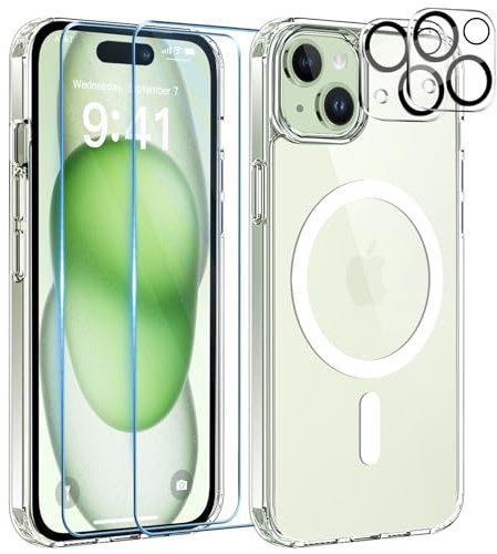 YisrLery 5 in 1 Coque pour iPhone 15 Aimantée avec 2 Verres Trempés et 2 Caméra Protecteur, Compatible MagSafe Dos Anti Rayures Coque Magnétique Antichoc TPU Bumper 6,1’’ Case (Transparent)