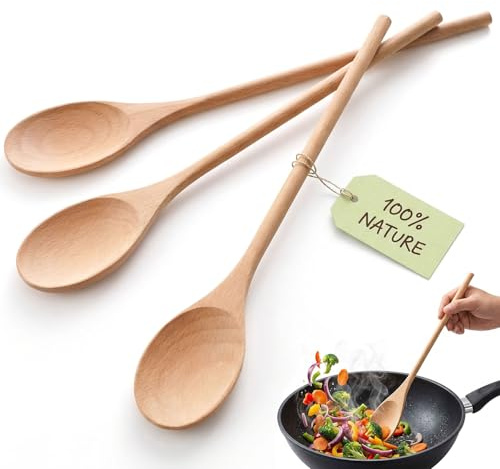 HANSGO 3PCS Wooden Spoons for Cooking, 12 Inch Long Handle Mixing Spoons for Baking, Tasting, Stirring Food, Hot Soups, Large Wooden Utensils for Nonstick Cookwares, Thoughtful Kitchen Gifts