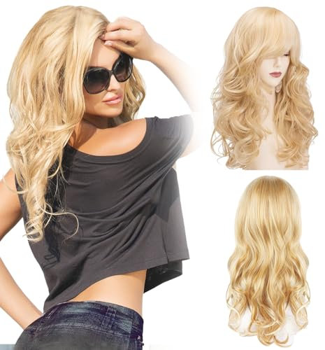 KAYEF Blonde Perücke Mit Langem Pony - Lange Gewellte Damenperücke, Natürliche Synthetische Für Alltag, Cosplay, Party, Halloween und Mehr