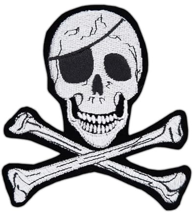 Totenkopf Groß Pirat Augenklappe Aufnäher zum aufbügeln oder aufnähen Bügelbild Aufbügler für Kleidung gestickter Bügelpatch Applikation Kostüm Karneval Fasching Patch Größe 10,5 x 11,4 cm