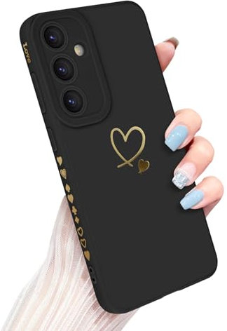 Newseego Handyhülle Samsung Galaxy S24 Plus Hülle für Frauen Mädchen, Gold Herz Muster Weich Flüssigsilikon S24+ Hülle Ultra Dünn Niedlich Herz Rand Kamera Schutzhülle für Samsung S24 Plus-Schwarz