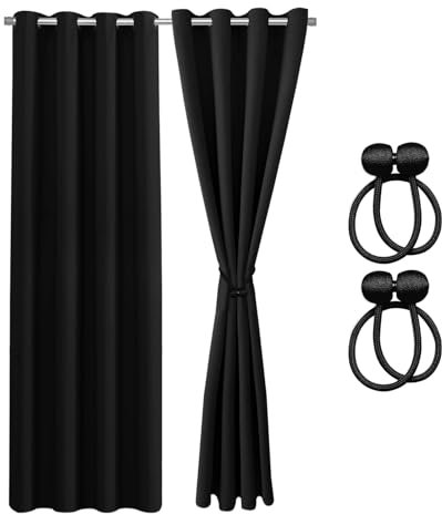 Cozyor Verdunklungsvorhänge Gardinen 2er Set mit Magnet-Raffhalter Thermovorhang gegen Kälte 100% verdunkelnd, schwarz Eclipse, Gardine mit Ösen für Schlafzimmer, Wohnzimmer, Kinderzimmer 160x135 cm