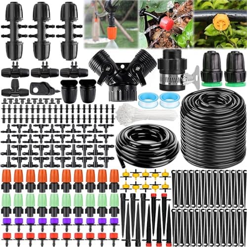 POWZOO 40M+8M Sistema de riego Jardín,269 Pcs DIY Kit Riego,Sistema de Riego por Goteo, con Ajustable Boquilla Aspersor Pulverizador y Gotero Automatico, para Jardin, Invernadero, Terraza o Césped.