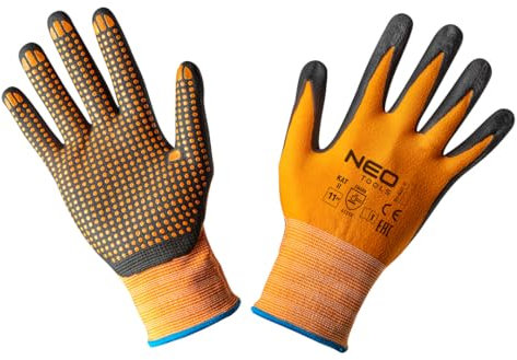 NEO TOOLS Arbeitshandschuhe Nylon, Beschichtung: Nitril und Nitrilpunkte, 4131X, Größen 8-10, Klettverschluss, Schnittfe und Abriebfestigkeit, für Transportarbeiten, Kfz, Gartenarbeiten (11)