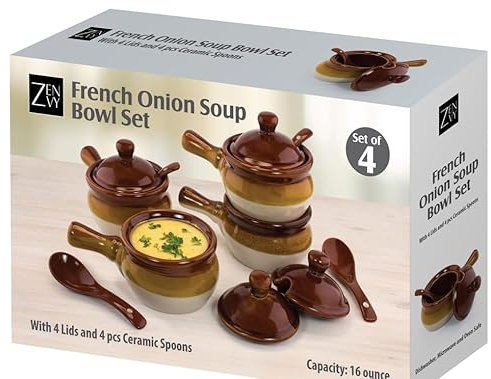 French Onion Soup Bowl Set of 4 | Ceramic Soup Bowls, Lids, and Spoons | 16 Ounce