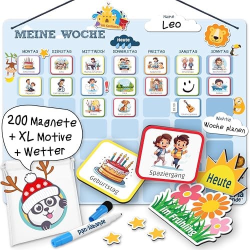 PANDABANDE® Montessori Wochenplaner Kinder [200 Magnete, Stift, Tasche] - Magnettafel zur Wochenplanung - Idealer Wochenkalender, Wochenplan Magnetisch Kind, to Do Liste