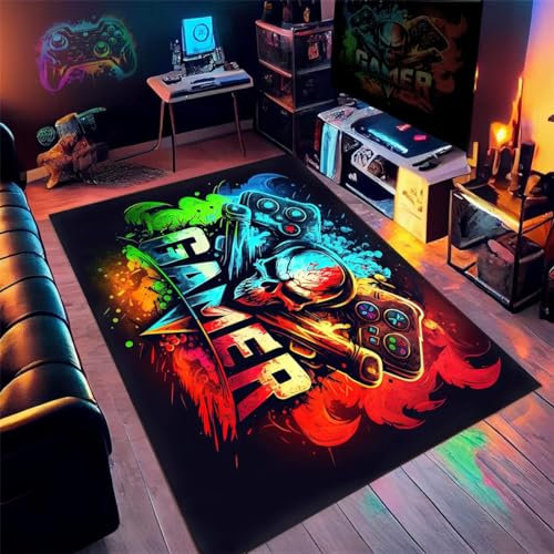 Gaming Controller Rug-Graffiti Gamepad Rug Colourful Flame Mask Skull Area Mat,Teenage Gamer Ambience Non-Slip Floor Mat-Gaming-inspired Design for Boys' Game-Themed Bedroom (Colour 5,100x150cm)