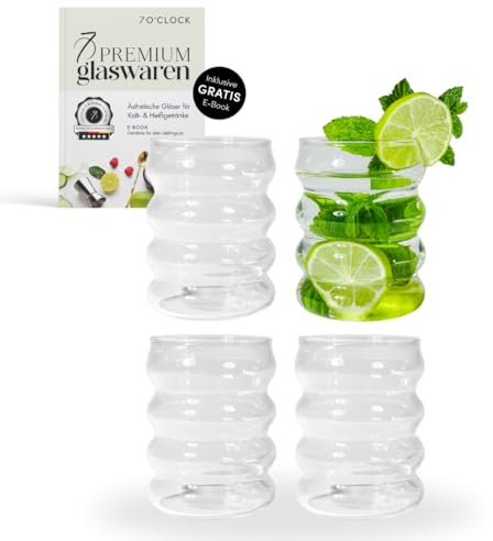 7 O'CLOCK Gläser 4er Set + Getränke Rezept E-Book | Design Wave Glass Mykonos | Trinkgläser Eiskaffeegläser Cocktailgläser Longdrinkgläser Wasser Tee Kaffee | Spülmaschinenfest langlebig | 185ml