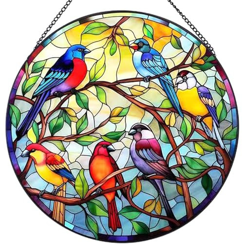 RIVEENY Buntglas-Sonnenfänger, Vögel auf Ast, 20,3 cm, Buntglas-Fensteraufhängung, doppelseitige Glasscheibe, Fensterdekoration, Vogel-Ornament, Vogelliebhaber, Geschenk für Mutter, Oma, Lehrer