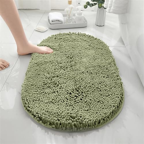 Reyox Tapis de Bain Ovale en Chenille, Doux Tapis de Salle de Bain Absorbant Antidérapant Vert Sauge 40x60cm