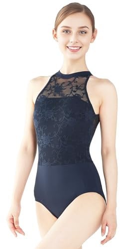 s.lemon Ballett Trikot Spitze,Damen Ärmellos Mock Nacken Gymnastik Balletttrikot Blu 165 New