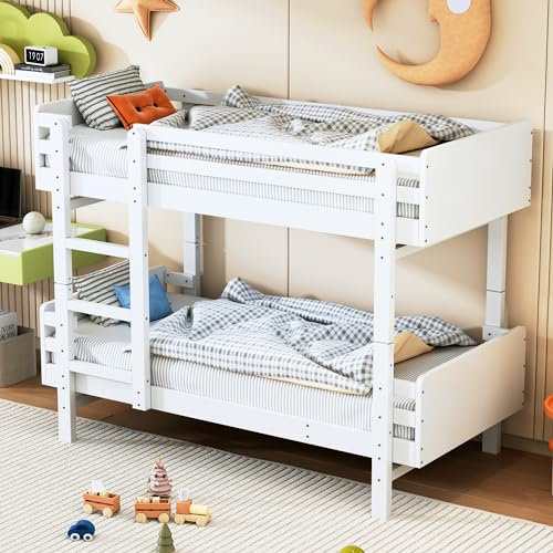 Dolamaní Etagenbett 2 Kinder mit Treppe, Kinderbett 90x190 cm Stockbett Teilbar in 2 Plattformbetten/ 1 Einzelbetten, Bett mit Rausfallschutz (Weiß)