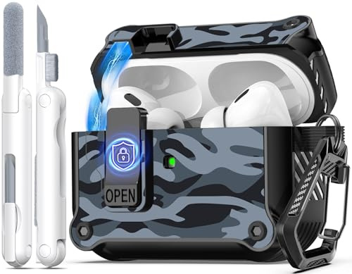 R-fun kompatibel mit AirPods Pro 2 Hülle (Auto Pop-Up-Deckel) mit Reinigungsset, kompatibel mit Airpods Pro 2./1. Gen(2023/2022/2019), für Airpods Pro Hülle (USB-C/Lightning-Kabel),Schwarze Tarnung