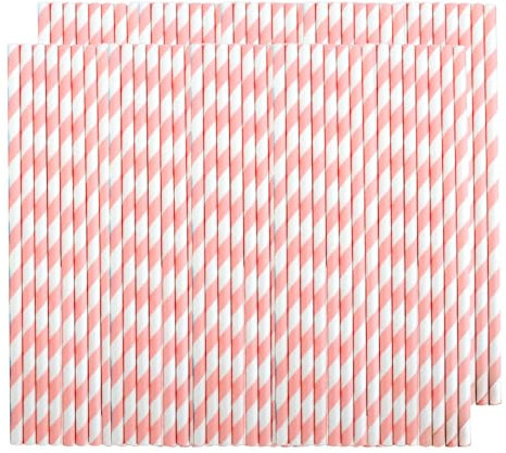 Lot de 200 pailles en papier, recyclées, durables, pour Noël, anniversaire, Nouvel An, accessoires de décoration de fête, rose et blanc à rayures