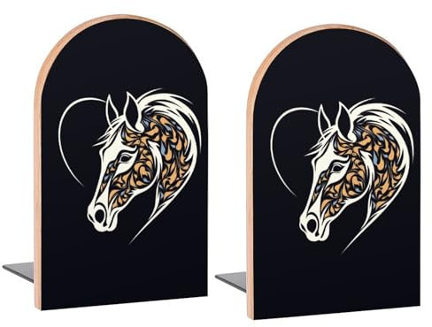 Lot de 2 serre-livres décoratifs en bois avec tête de cheval abstraite pour étagères, chambre, bureau, maison, bureau, magazines, livres, DVD