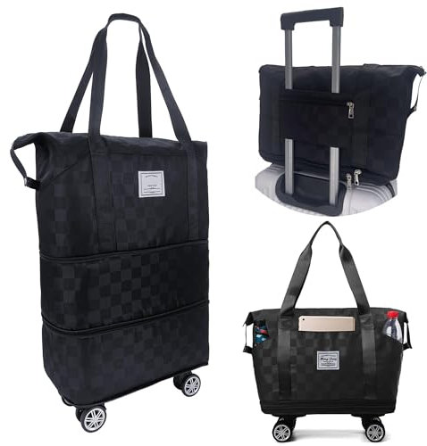 Groß faltbar Reisetasche mit Rollen - faltbar abnehmbare Rollräder, Handgepäck Tasche, Koffer Stoff, Weekender Damen, ideal für Reisen, Camping, Geschäftsreise - Checkerboard Wochenendtasche (Schwarz)