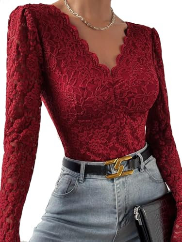 SHEKINI Damen Body Spitzen Bodysuit Durchsichtig Oberteil Langarm Spitzenbody Schmal T-Shirt Elegant Shapewear Bodys mit Bogenkante V-Ausschnitt