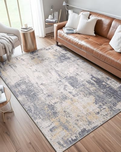 DEFYNEE Abstraktes Teppich Wohnzimmer 120x180 cm, rutschfest, Kurzflor aus Kunstwolle, waschbar, minimalistisch, Bettvorleger für Wohnzimmer, Schlafzimmer & Büro, Grau-Gelb