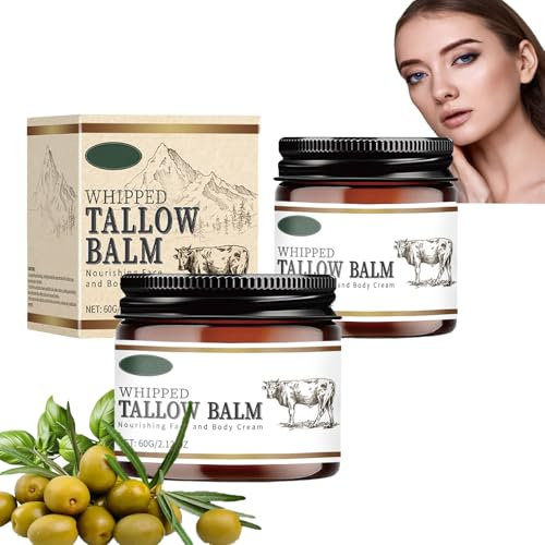 Beef Tallow Cream Beef Tallow Skincare Bio Rindertalg Balm, Hergestellt aus Natürlich Olivenfruchtöl, Kokosnussöl, Aloe Vera Blattextrakt zur Hautpflege Gesicht und Körper Moisturizer (2 Stück)