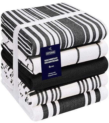 COTTONIVA Set von 5 Küchentücher - 100% Baumwolle Geschirrtuch - für Restaurant, Bar, Glas - Saugfähige Maschinenwaschbar Küchentücher mit Aufhängeöse - 40x70 cm Schwarz