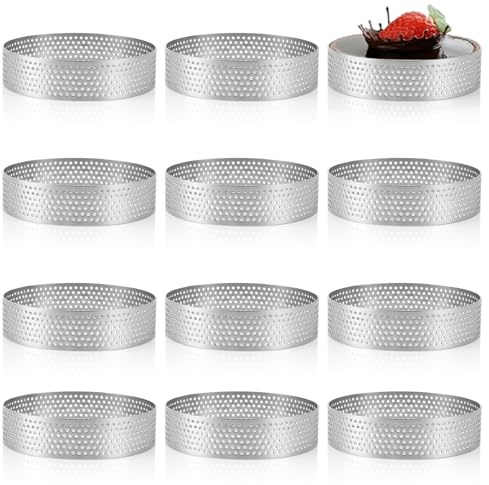 VIDETOL 12 Stück Mousse Tartelette Förmchen, 8cm Dessertringe, Runde Tortenring mit Löchern, Edelstahl Mousse Ring für Kochen Backen