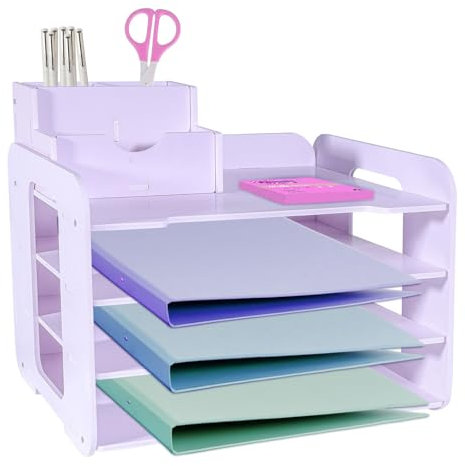 HMXLJJY 4-Tier Letter Tray Organiser, A4 Paper Filing, Office File Tray, Desk File Tidy Organizer with Stackable Filing, Desk Paper Organizer with Pen Holder (White)