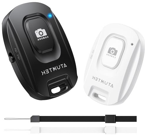 ATUMTEK 2 Pack Télécommande Bluetooth Selfie sans Fil, Obturateur à Distance Bluetooth pour Photos et Vidéos, Bluetooth Control pour iOS et Android Smartphones, Dragonne Incluse, Noir & Blanc