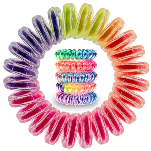 Specora Spiral Haargummi Regenbogen Bunt 5er Pack - 4 cm - Telefonkabel Zopfgummi - Ohne Ziepen & Verheddern - Elastisch, ohne Abdruck, haarschonend