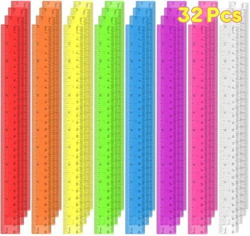32 Pcs Clear Plastic Ruler 12 Inch, Rulers Bulk for Classroom, Transparent Assorted Color Bulk Rulers with Millimeter and Inches, Kids Ruler for School, Ideal Back to School Office Home Supplies