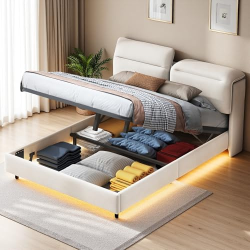 BRILVERDE Polsterbett Doppelbett 140x200 cm,Bett mit Stauraum und Lattenrost,Hydraulisches Stauraumbett mit LED Kopfteil,Samt,Weiß