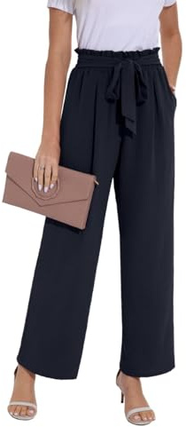 PrinStory Trousers For Women UK Elasticated Waist Lightweight Summer Pants Causal Wide Leg Palazzo Trousers Beach Work (Dark Blue, L)