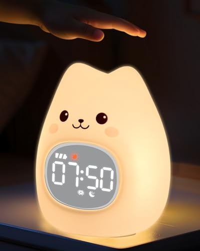 Horloge Réveil Chat avec Veilleuse pour Enfants, Lampe Rechargeable en Silicone, Lampe Animaux Mignonne de Bureau, Compagnon Idéal pour Le Sommeil des Garçons et des Filles